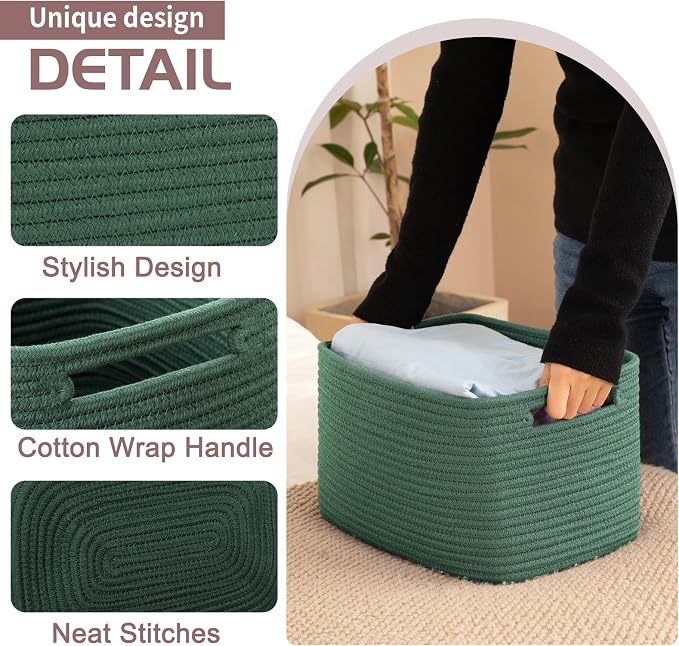 OIAHOMY 4 Pack Storage Baskets for Organizing 15L Cube Storage Bins Green | Woven Baskets for Storage Rectangle Small Baskets With Handles Baskets for Shelves Wicker Baskets for Shelves 12.7x9x7.8inch - Image 3
