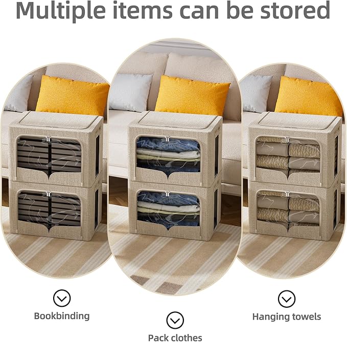 FHSQX 3 Pack Clothes Storage Bins - Foldable Metal Frame Storage Box - Stackable Linen Fabric Container Organizer Set with Carrying Handles and Clear Window (Beige, 15.7x11.8x9.8inch(30L)) - Image 4