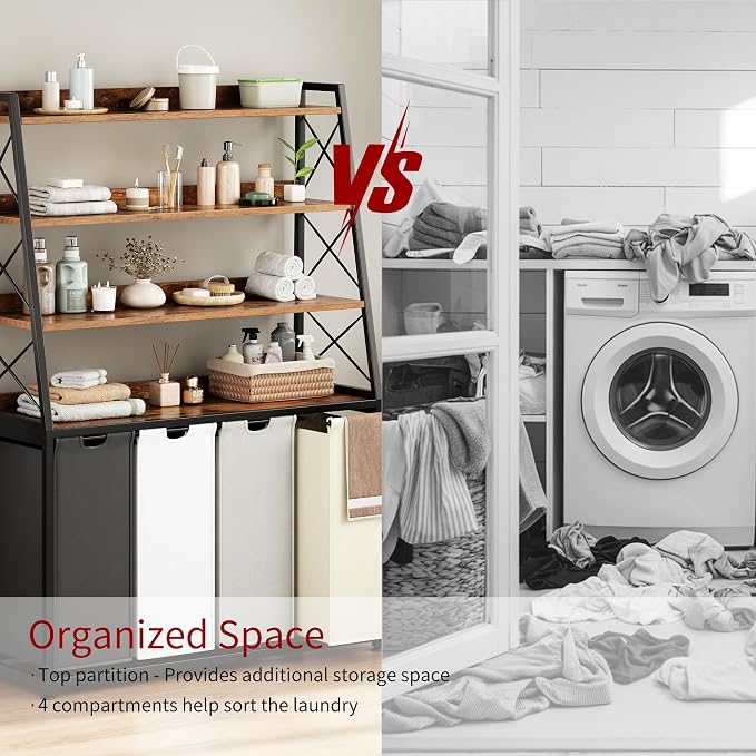 Herture Laundry Basket, 4 Section Laundry Hamper with 4 Tiers Shelf, Pull-Out and Removable Laundry Bags, Large 4 x 15.87 Gallons, for Laundry Room Bathroom Rustic Brown PF12XLN - Image 6