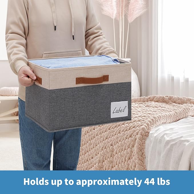 GhvyenntteS Large Storage Bins with Lids 6 Pack, Large Closet Storage Bin with Lid and 3 PU Handles, Foldable Fabric Storage Boxes with Label Window for Home Office (Beige, 15" x 11" x 9.7") - Image 3