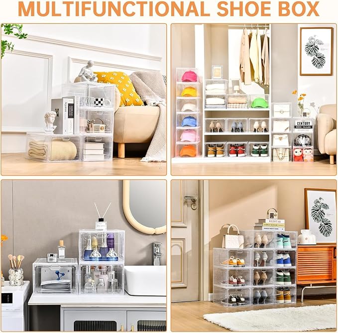 INSTY 12 Pack Large Shoe Storage Box, Clear Shoe Storage Organizer with Magnetic Door, Stackable,Shoe Containers For Display Sneakers, Easy Assembly, Fit up to US Size 12, Clear - Image 6