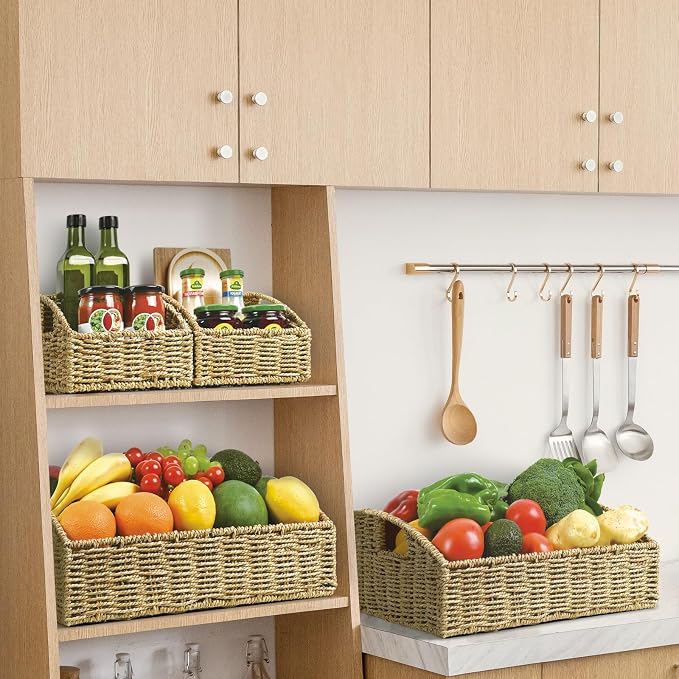 Pantry Baskets Organization, Wicker Storage Basket Green | Handwoven Pantry Organizers and Storage with Built-in Handles, Laundryroom Organization Storage Bins for Snack Cans - Image 2