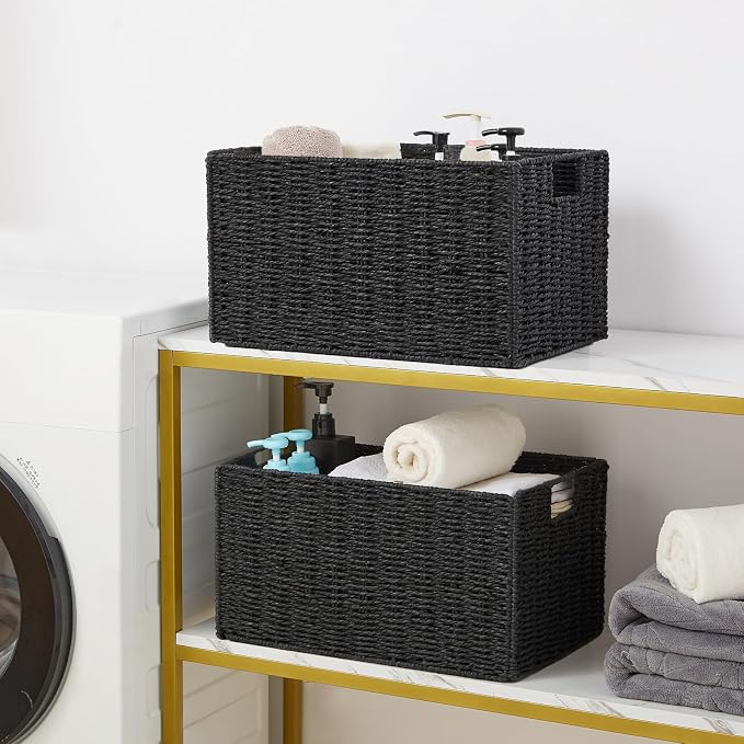Wicker Storage Basket, Set of 2 Hand-Woven Paper Rope Wicker Basket, Small Storage Baskets for Organizing Toilet Paper Basket, Foldable Large Cube Storage Organizer Bins for Shelves (Black) - Image 3