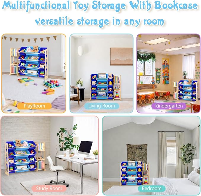 Kids Toy Storage Organizer with Bookshelf – Wooden Shelf with 12 Bins & 3 Shelves, Quick Assembly Storage Rack for Playroom, Bedroom, Nursery– Blue - Image 7