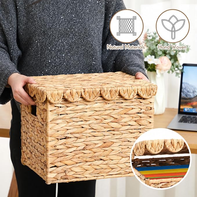 Jingmore 2 Pack Water Hyacinth File Storage Box with Scalloped Lid Collapsible Letter Size Hanging Filing Organizer Basket for Home, Woven Decorative Document Storage Box - Image 6