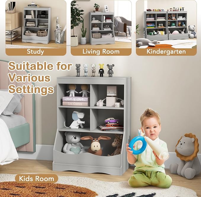 HONEY JOY Kids Toy Storage Organizer with Bookcase, 4-Cubby Organization Storage Cabinet w/Display Shelf, Wooden Toy Storage Unit for Playroom, Nursery Daycare(Gray) - Image 7
