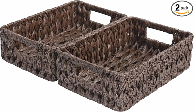 GRANNY SAYS Wicker Baskets with Handles,Small Woven Basket for Storage, Waterproof Storage Basket Organizer,Decorative Storage Boxes for Organing Pantry,Brown Basket,2-Pack,11 1/4''L x 7 1/2''W x 3 1/2''H | Waterproof Dark Brown Wicker Baskets, Small W... by GRANNYSAYS