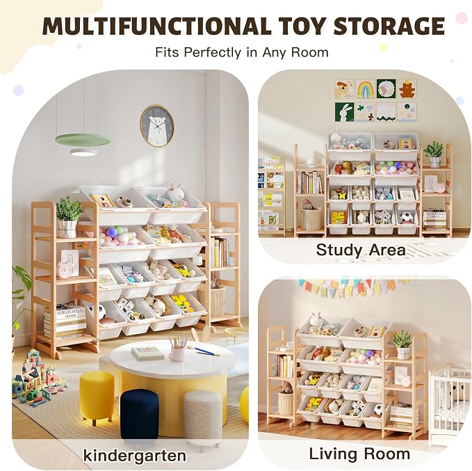 Wooden Toy Storage Organizer with 6 Shelves and 12 Bins, Toy Organizer Storage Kids Bookshelf, Toy Shelf for Playroom, Nursery, and Bedroom - Image 4