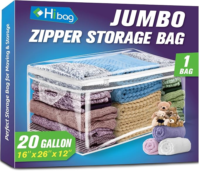 Large Storage Bag for Clothes, Jumbo Zipper Totes | 20 Gallon xxl, Flexible, Clear Extra Thick Plastic, Reinforced Handles, Double Zip by HIBAG