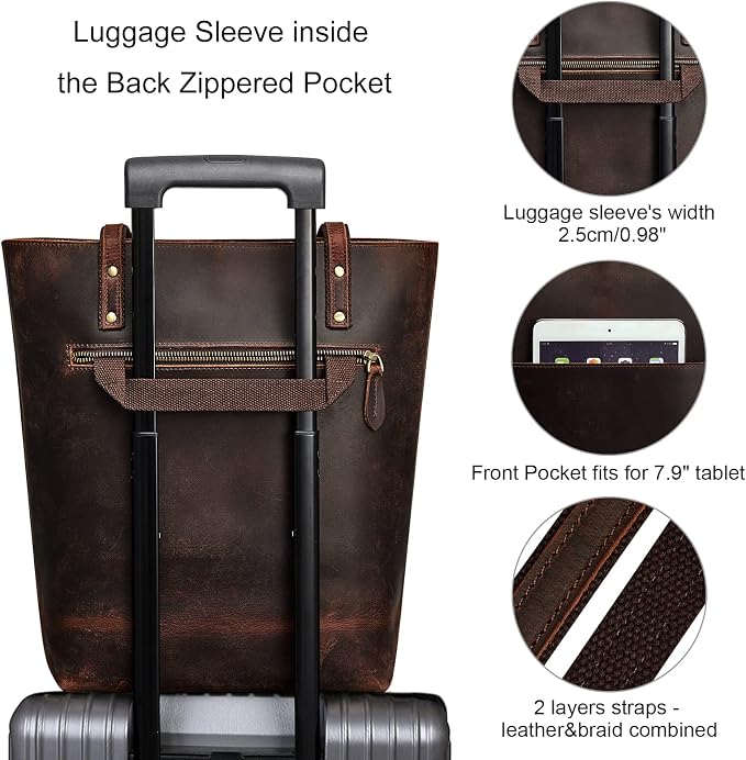 S-ZONE Leather Tote Bag for Women Work Handbag with Luggage Sleeve | Top Grain Genuine Leather, Padded Laptop Compartment, Multi Pockets, Large Retro Purse, Travel Everyday - Image 6