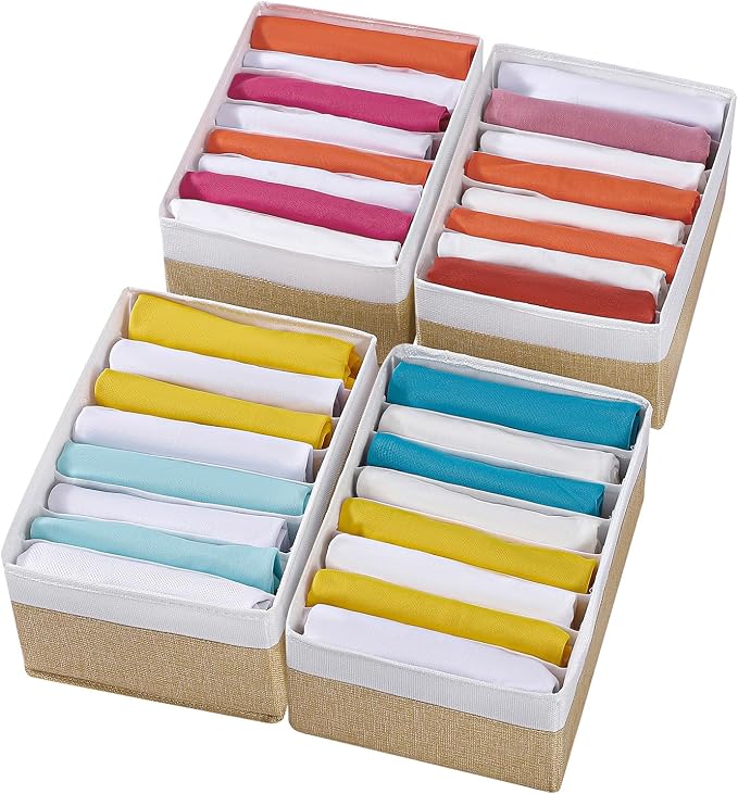 4 Packs T-shirt Drawer Organizers for Clothing,8 Grids Compartment Wardrobe Storage Box, Washable Clothes Organizer for Folded Clothes, Legging, Silk Scarve-12.59''x9.05''x5.9-BeigeWhite by Coorganisers