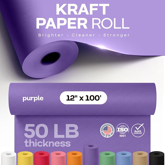 12" x 1200" (100 feet) Purple Kraft Paper Roll - USA-Made Quality Craft Paper for Gift Wrapping, Kids' Arts & Crafts, School Projects - 100% Recycled Natural Material 50lb Thickness by IDL Packaging - Image 4