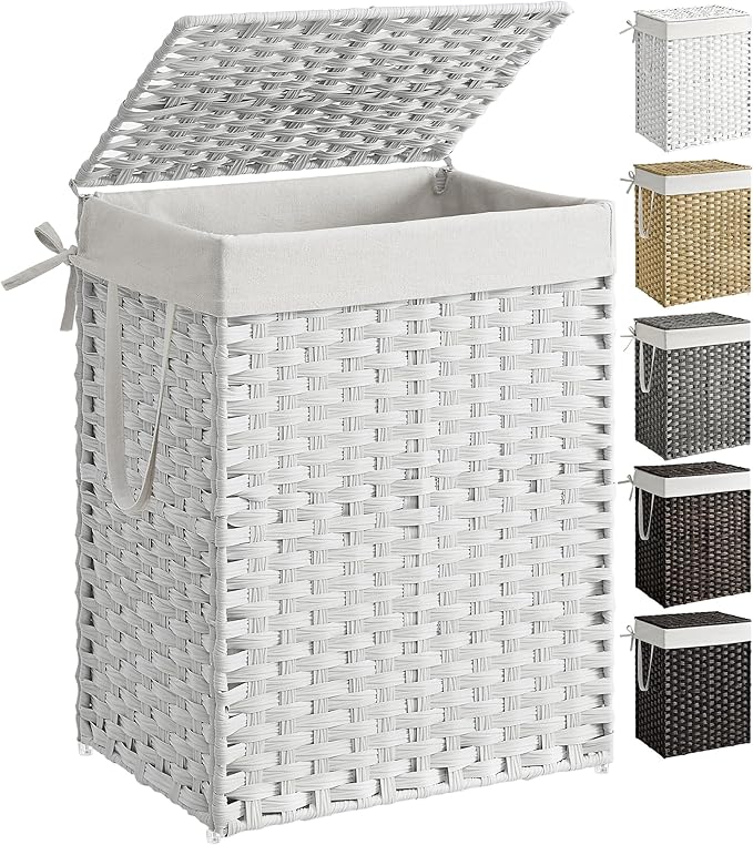 SONGMICS Laundry Hamper with Lid, 23.8 Gal (90 L) Synthetic Rattan,Foldable | Clothes Laundry Basket with Handles, Removable Liner, Cloud White, ELIOTT Collection ULCB165W01 by Unknown