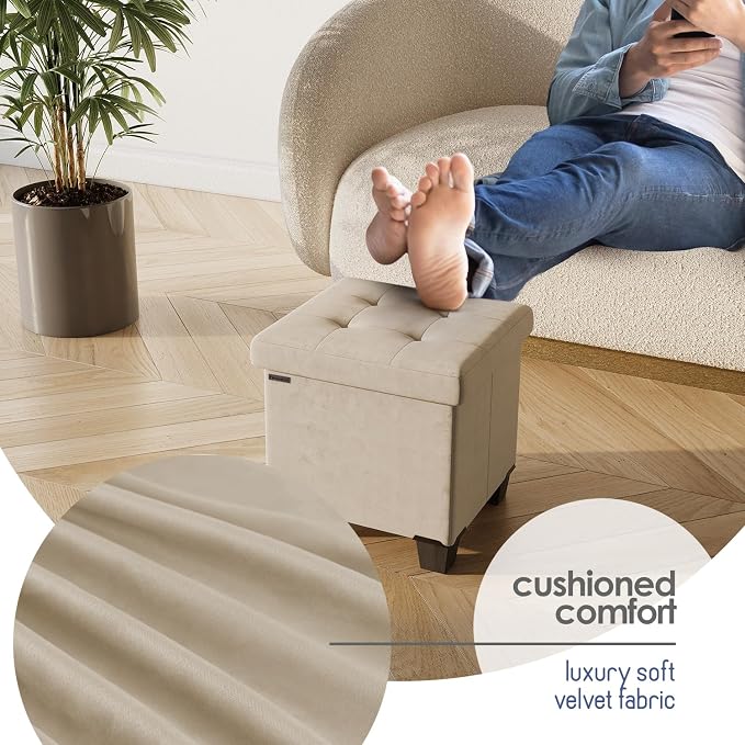 Storage Ottoman Cube with Small Bin, 15-in Square Ottoman with Storage for Living Room and Bedroom, Small Ottomans Foot Rest, Velvet Foot Stools Ottomans Max 330lbs, Beige - Image 7