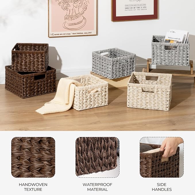 GRANNY SAYS Wicker Baskets for Organizing, Storage Basket for Shelves, Square Shelf Baskets with Handles, Waterproof Woven Basket for Living Room, Baskets for Entryway, Brown - Image 4