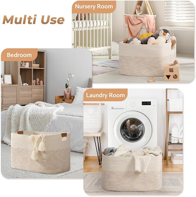 108L Large Basket for Living Room, Boho Decorative Basket Organizing with Handles, Cotton Rope Storage for Toys, Pillows, Clothes, 25’’*16’’*16’’ Rainbow - Image 6