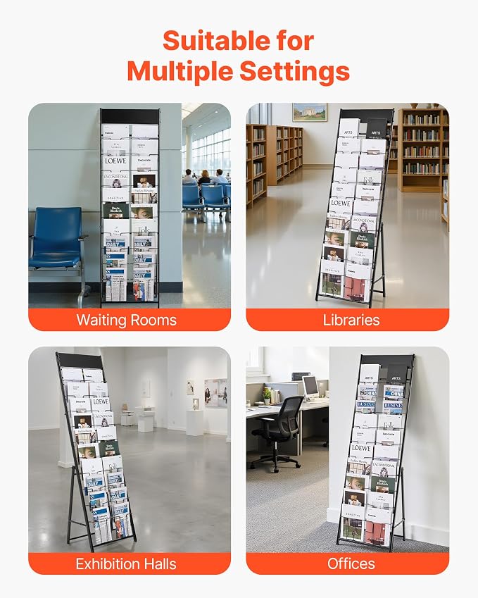 VEVOR Brochure Display Rack, 20 Pockets Magazine Literature Display Stand, Portable Floor Standing Magazine Rack, Metal Newspaper Catalog Holders for Shop, Exhibitions, Office, Trade Show, Black - Image 6