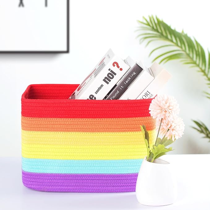 3-Pack Storage Baskets for Shelves, Playroom and Classroom, Book Basket, Decorative Storage Cube Bins, Woven Closet Organizers, Pantry and Shoe Organizer, Rainbow - Image 3