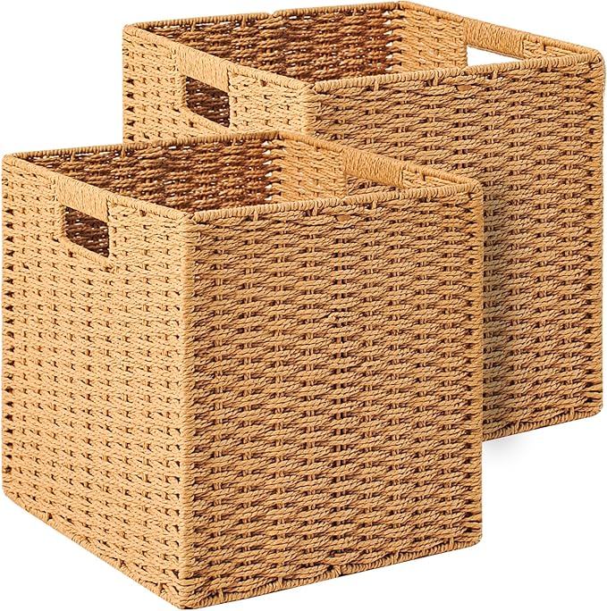 ICERZCZ Wicker Storage Cube Bins for Shelves Closet, Paper Rope Woven Baskets for Storage, Cube Storage Organizer Bin, 11"x10.25"x11", 2 Packs, Yellow by ICERZCZ