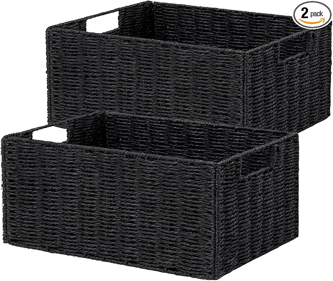 Wicker Storage Basket, Set of 2 Black Wicker Baskets for Bathroom | Hand-Woven Wicker Small Storage Baskets for Organizing Toilet Paper, Foldable Large Cube Storage Organizer Bin for Shelves by Vagusicc