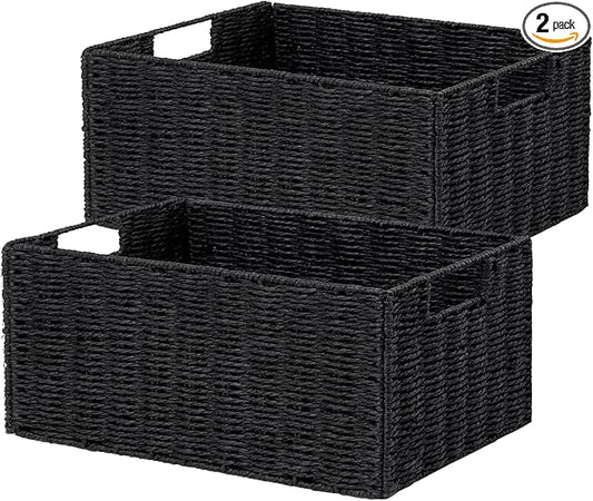 Wicker Storage Basket, Set of 2 Black Wicker Baskets for Bathroom | Hand-Woven Wicker Small Storage Baskets for Organizing Toilet Paper, Foldable Large Cube Storage Organizer Bin for Shelves by Vagusicc