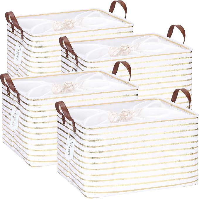 Hinwo 31L Large Canvas Storage Bin with Lid and Handles, 4-Pack | Collapsible Fabric Baskets, Closet Shelf Organizers, Containers for Clothing, Blankets, Toys, Bedding (Gold Stripe) by Hinwo