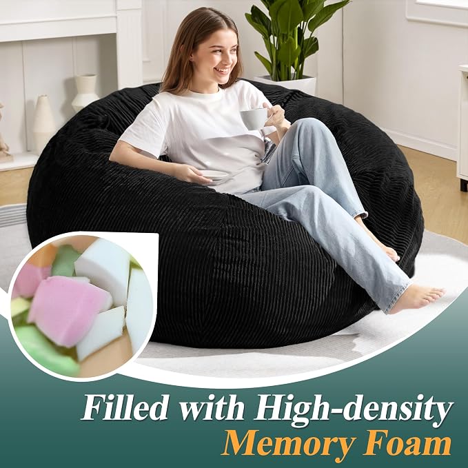 5FT Bean Bag Chair for Adults,Gaint Teardrop Beanbag with Filler | Beanbag Chair with Memory Foam Filled,Bean Bags with Handy Handle&Machine Washable Cover for Living Room,Bedroom-Black - Image 4