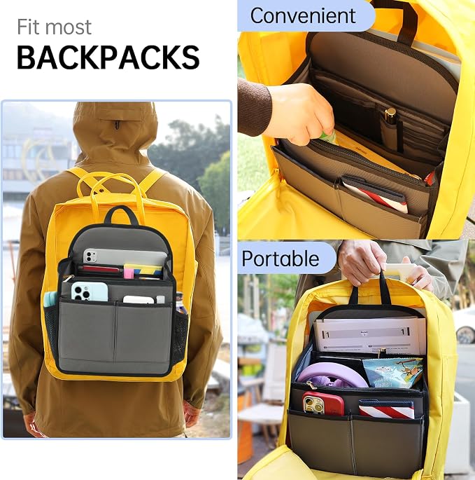 Large Premium Wider Rugged Backpack Organizer Insert for Men Women Work Travel -19 Pockets, Padded Nylon-Gray - Image 8