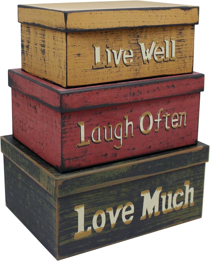 Primitive Vintage Rectangular “Live Well, Laugh Often, Love Much” Cardboard Nesting Boxes, Large 12 X 9 X 5-1/2 Inch. Set of 3. by CVHOMEDECO