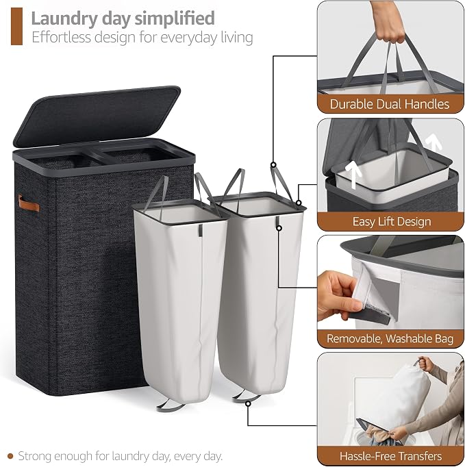 Sorbus Laundry Hamper with Lid - Collapsible 2-Compartment Fabric Laundry Basket with Handles and Removable Laundry Bag – 45 Gallon (170 L) Dirty Clothes Hamper for Bedroom, bathroom and dorm (Black) - Image 5