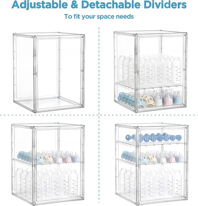 HBlife Baby Bottle Storage Organizer for Countertop Cabinet, 3 Tiers Adjustable Clear Acrylic Bottles Storage Station Case Box Container with 2 Removable Dividers and Magnetic Door, XXL - Image 5