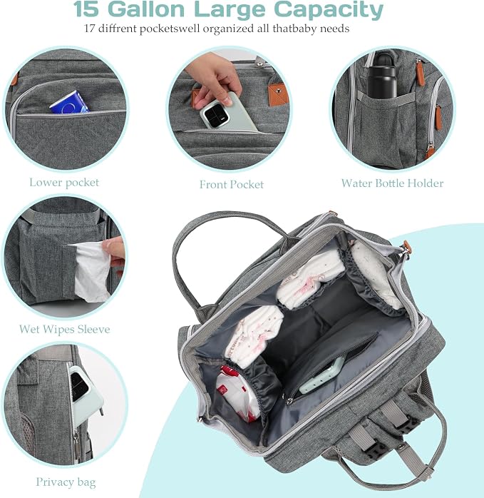 Diaper Bag Backpack for New Parents, Large Capacity Baby Travel Bag with Bottle Holders, Multiple Compartments (Grey) - Image 2