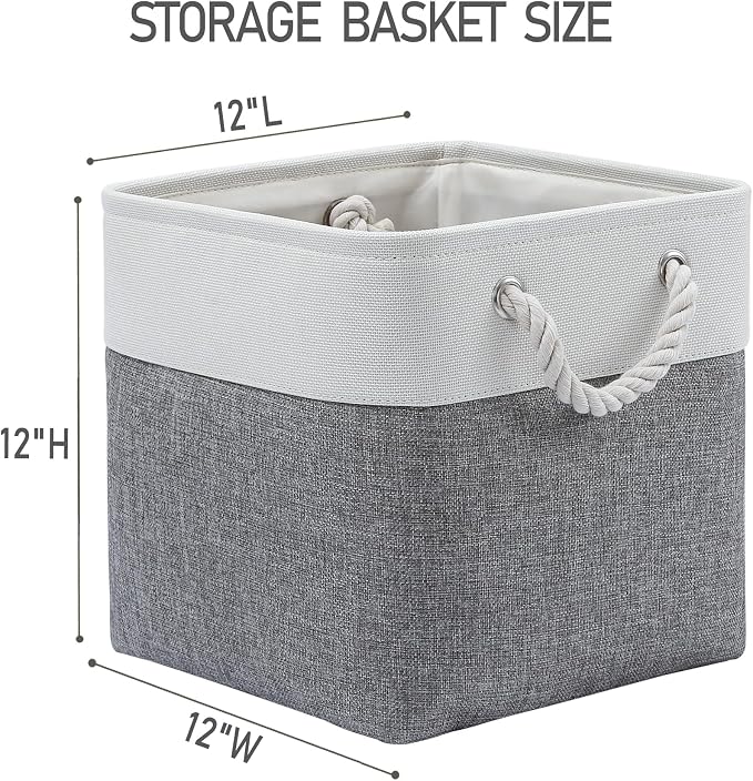 MidmmVick 12 x 12 Inch Cube Storage Bins, 6 Pack Large Collapsible Fabric Storage Bin with Ropes, Foldable Storage Cubes for Home, Office,Closet, Clothes, Toys Organizer (White & Grey) - Image 4