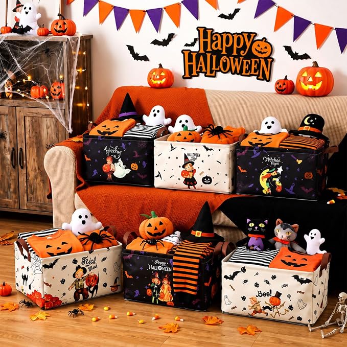 CHENGU Halloween Storage Bin Collapsible Halloween Basket for Gifts Buffalo Plaid Holiday Decor Large Pumpkin Basket Foldable Trick or Treat Box with Handle for Bedroom Office Home - Image 7