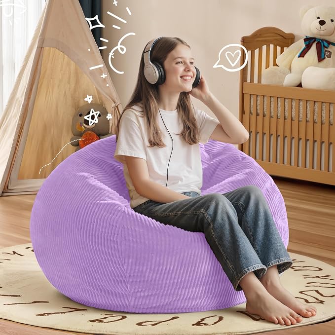 2FT Bean Bag Chair: 2' Small Bean Bags with Memory Foam Filled | Beanbag Chairs with Handle,Teardrop Bean Bag Sofa with Corduroy Machine Washable Cover for Living Room,Bedroom-Purple - Image 6