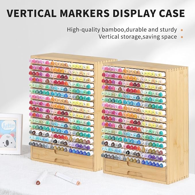 AUTOARK Bamboo Marker Organizer for 225 Markers,AHK-063 | Desktop Storage with Drawers,Art Markers Pens Pencils Brushes,Stationary Organizer - Image 5