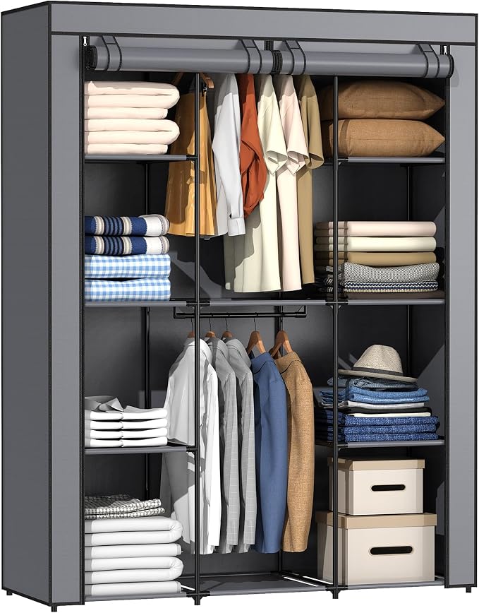 Portable Closet, Wardrobe Closet with 10 Storage Shelves and 2 Hanging Rods, Non-Woven Fabric Cover, 52.4 x 18.1 x 66.6 Inches Closet Organizer for Bedroom, Gray by HODYANN