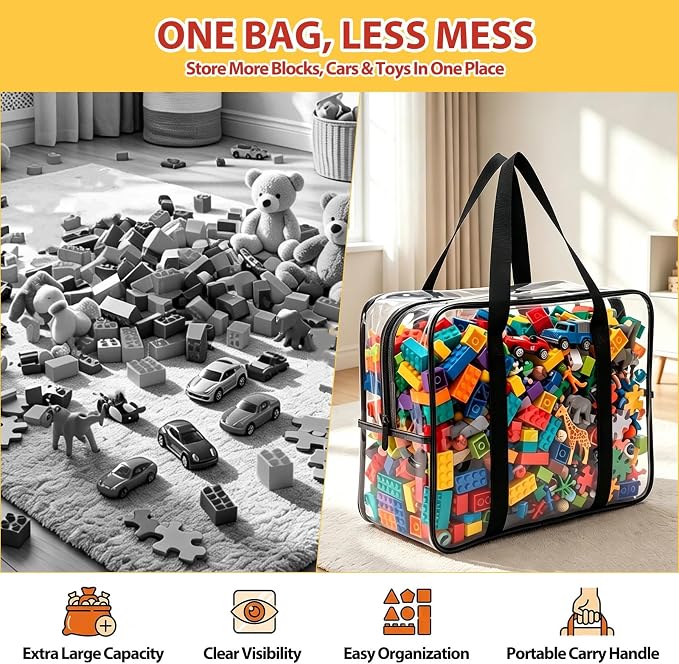4 Pack Extra Large Clear Toy Storage Bags, 16x20x7 in, Black | Thick PVC Organizer Bags, with Zipper Handles, Ideal for Blocks, Puzzles, Stuffed Animals and Playroom Organization - Image 4