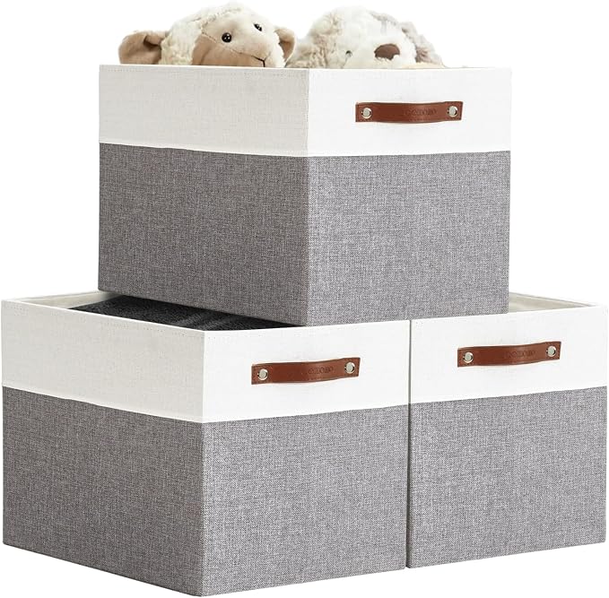 DECOMOMO Kallax Storage Cubes, Storage Baskets for Shelves 3-Pack | 13 x 15 x 13 Storage Bins, Baskets for Organizing Shelves (Grey & White) by DECOMOMO