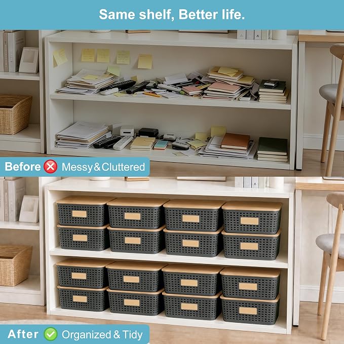 4 Pack Plastic Storage Bins with Bamboo Lids, 6.2qt Stackable Storage Organizer Box with Lable for Pantry Shelves Drawers Desktop Office, 12"L x 8.3"W x 3.5"H, Gray - Image 7