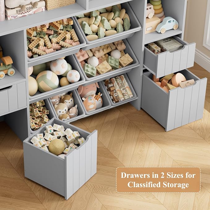 HORSTORS 55" W Toy Storage Organizer, Large Kids Bookshelf, Toy Box, Grey | 8 Plastic Storage Bins / 2 Removable Toy Storage Boxes / Open Shelves, Kids Bookcase with Drawers for Playroom, Kids Room - Image 5