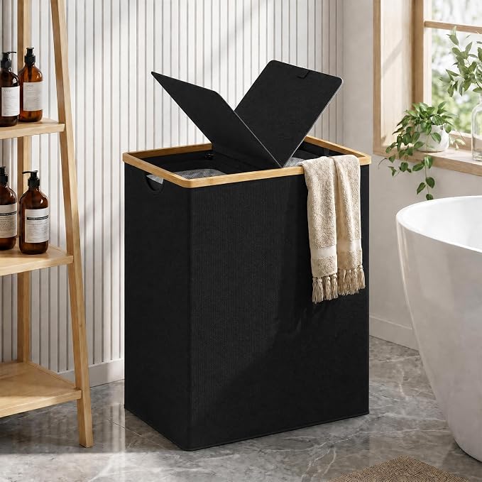 efluky Laundry Hamper with Lid, Double Laundry Basket with 2 Removable Bags, 2 Section Laundry Bin with Bamboo Handles for Bathroom, Bedroom & Laundry Room, 170L (44.9 Gallon) Black - Image 2
