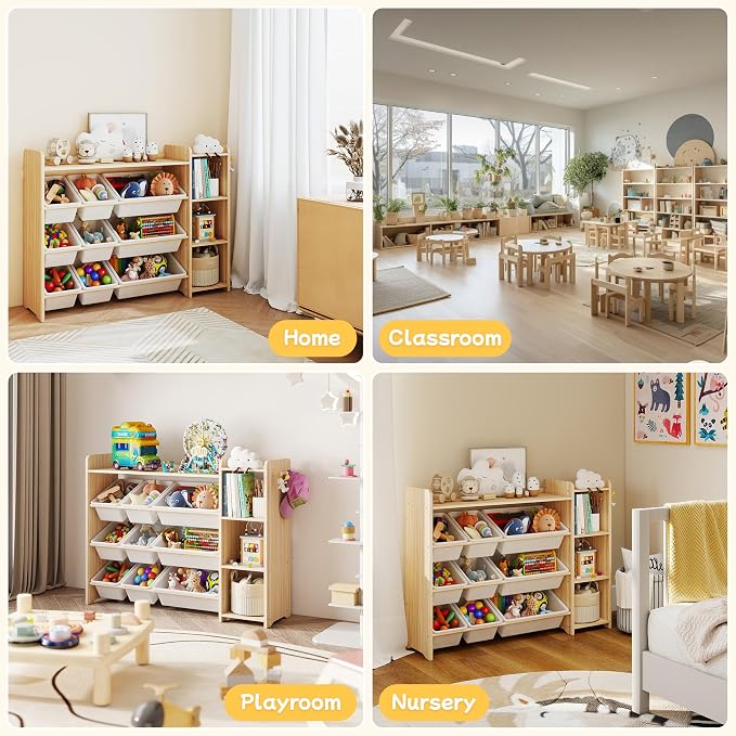 GITAWUSA Kids Toy Storage Organizer, Wooden Shelf with 3 Tiers and 9 Storage Bins, Nursery Room Organizer for Books and Toys, White and Natural Wood - Image 6