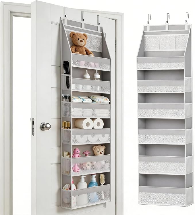 KMSCO Over The Door Organizer 6 Large +13 Mesh Side Pockets | 55lbs capacity, heavy duty non-woven fabric.Ideal for nursery, bathroom, pantry, closet. Grey, 1 pack. by kmsco