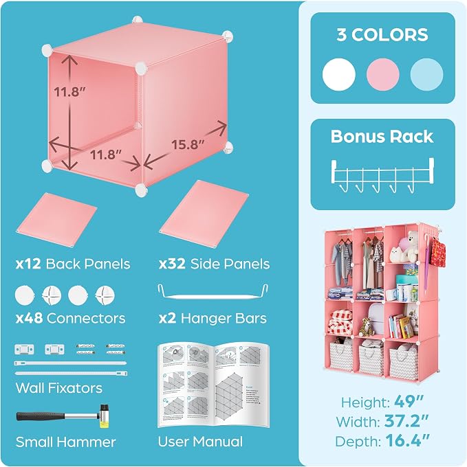 Baby Closet Organizer for Nursery - Durable Baby Wardrobe Armoire for Closet - Customizable Dresser Shelves - Waterproof Shelf Clothes Organizer w/Wall Fixation (Pink) - Image 6