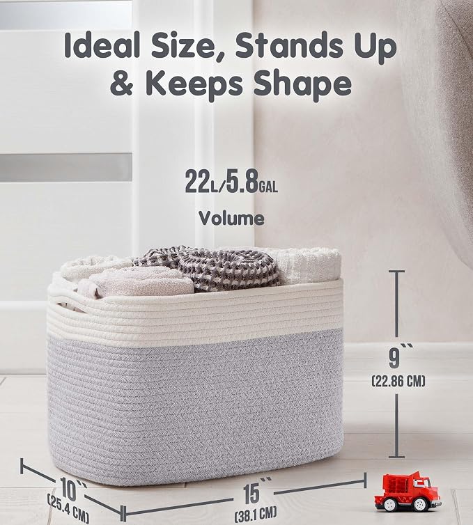 CHAT BLANC Cotton Rope Baskets for Organizing | Storage Baskets for Shelves | Rope Basket for Storage, Small Laundry Baskets, Woven Baskets for Storage, Dog Toy Bin, Baby Basket,Off White &Gray 3 Pack - Image 4