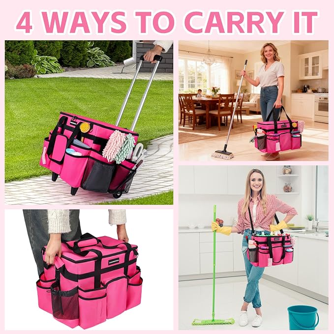 Large Rolling Cleaning Caddy Bag, Cleaning Caddy with Wheels with Detachable Trolley for Housekeepers, Water Resistant Cleaner Supplies Organizer with Wheels for Kitchen, Car, Picnic (Rose-Red) - Image 7