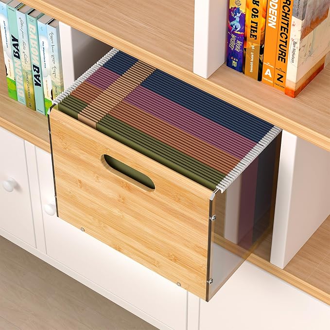 Sbanmao Letter/Legal Bamboo Acrylic File Box Organizer, Hanging File Folder Storage Boxes, Decorative Document Crate Transparent Filing Bin with Handle for Home Office Desk - Image 3