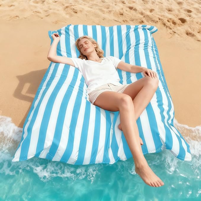 Outdoor Bean Bag Cover for Pool Side (No Filler) Waterproof Beanbag Lounge Chair Sqaure Large Beach Bean Bag Replacement Pouf Oxford Couch Sofa for Adults Swimming Pool Outside (Light Blue-Stripe) - Image 7