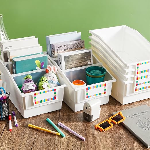 6 Pack Picture Book Bins with Dividers Plastic Book Holders with Labels Stackable Classroom Organization Bins Magazine File Binder Holder Storage Container for Classroom Library Home Office(White) - Image 4
